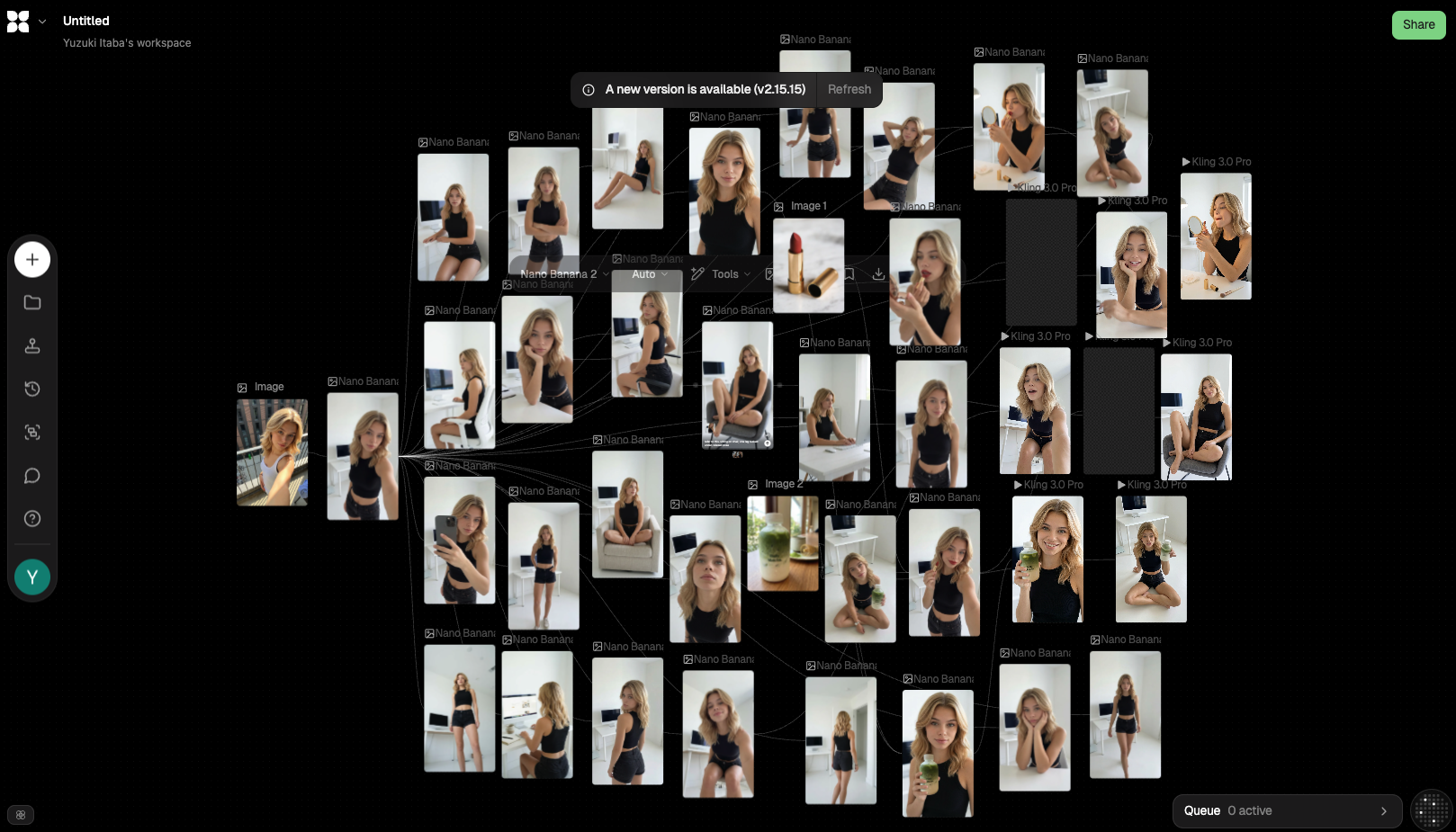 Flora workflow canvas showing AI UGC generations organized visually